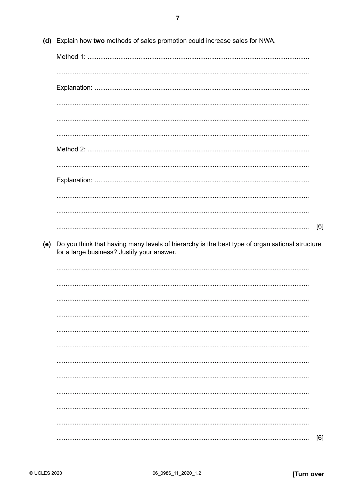 Cambridge IGCSE Business Studies (9-1) 0986 2020 May/June Paper 1 · Variant 1 question paper, page 7 of 12