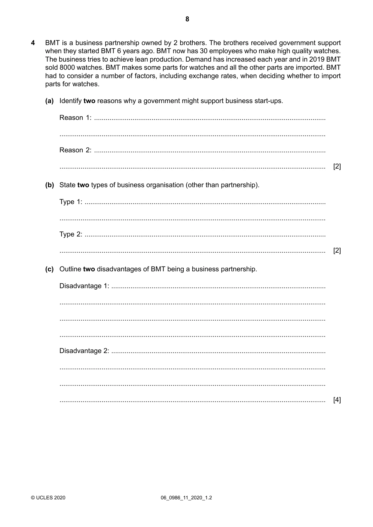 Cambridge IGCSE Business Studies (9-1) 0986 2020 May/June Paper 1 · Variant 1 question paper, page 8 of 12
