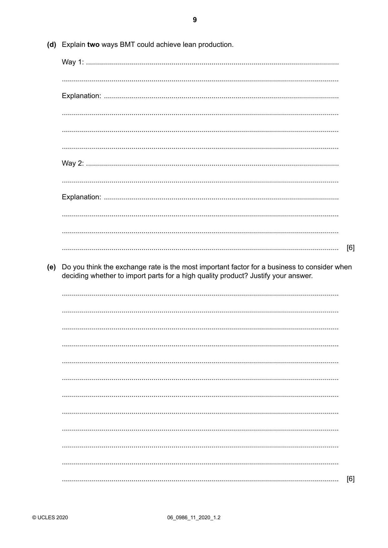 Cambridge IGCSE Business Studies (9-1) 0986 2020 May/June Paper 1 · Variant 1 question paper, page 9 of 12