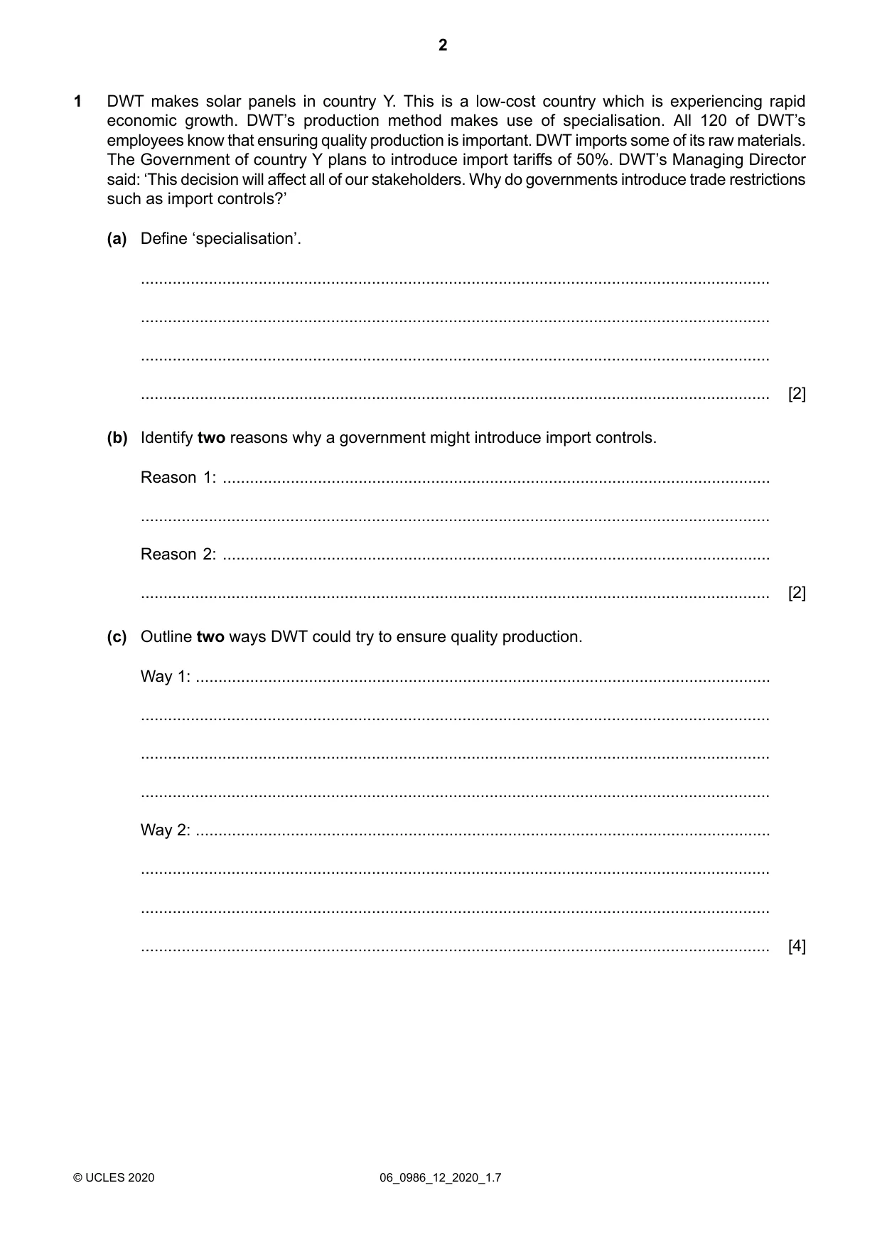 Cambridge IGCSE Business Studies (9-1) 0986 2020 May/June Paper 1 · Variant 2 question paper, page 2 of 12