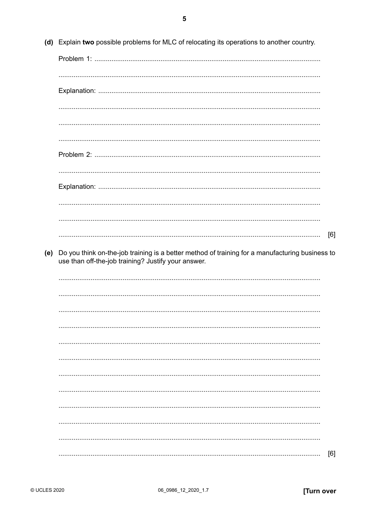Cambridge IGCSE Business Studies (9-1) 0986 2020 May/June Paper 1 · Variant 2 question paper, page 5 of 12