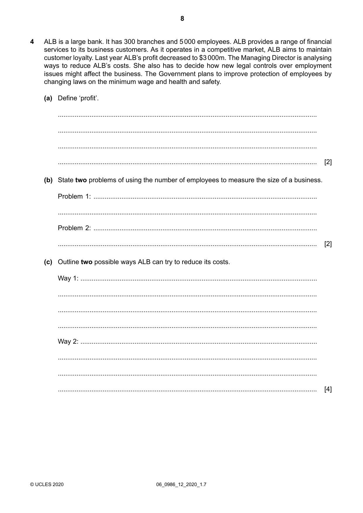 Cambridge IGCSE Business Studies (9-1) 0986 2020 May/June Paper 1 · Variant 2 question paper, page 8 of 12