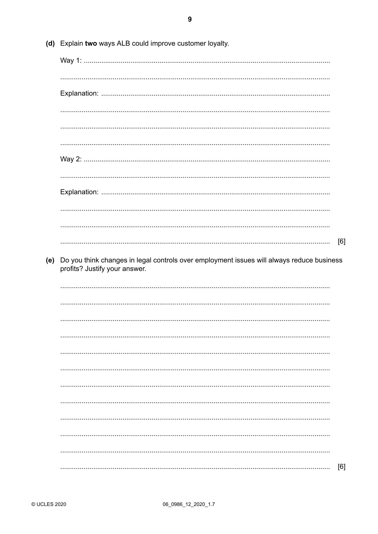 Cambridge IGCSE Business Studies (9-1) 0986 2020 May/June Paper 1 · Variant 2 question paper, page 9 of 12