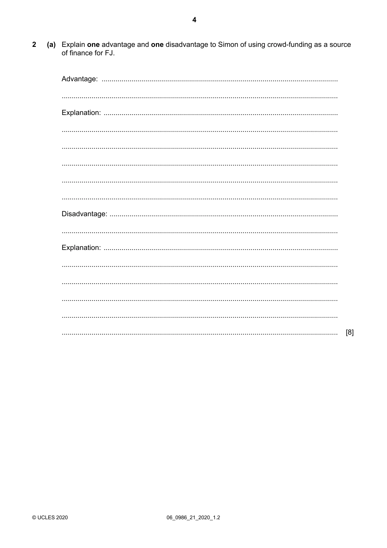 Cambridge IGCSE Business Studies (9-1) 0986 2020 May/June Paper 2 · Variant 1 question paper, page 4 of 12