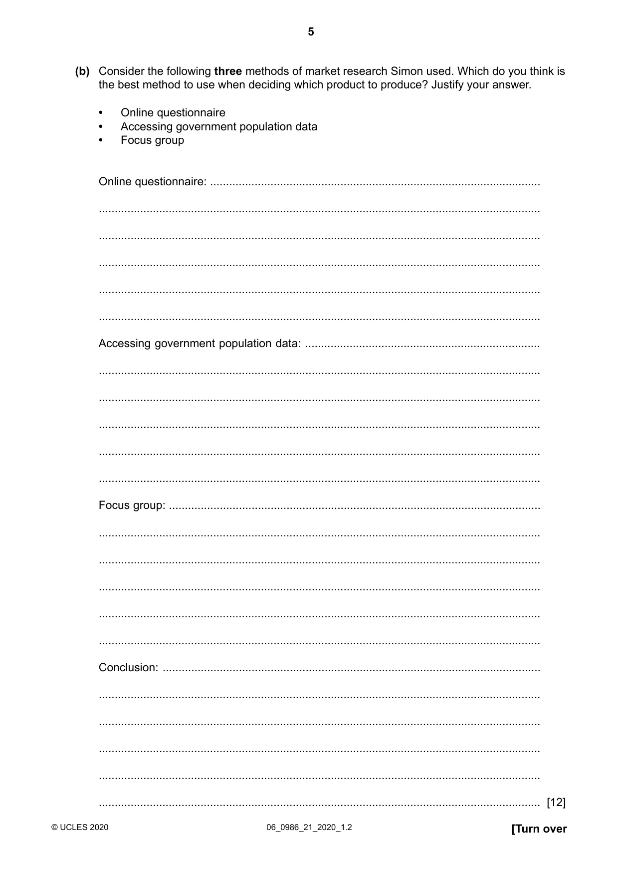 Cambridge IGCSE Business Studies (9-1) 0986 2020 May/June Paper 2 · Variant 1 question paper, page 5 of 12