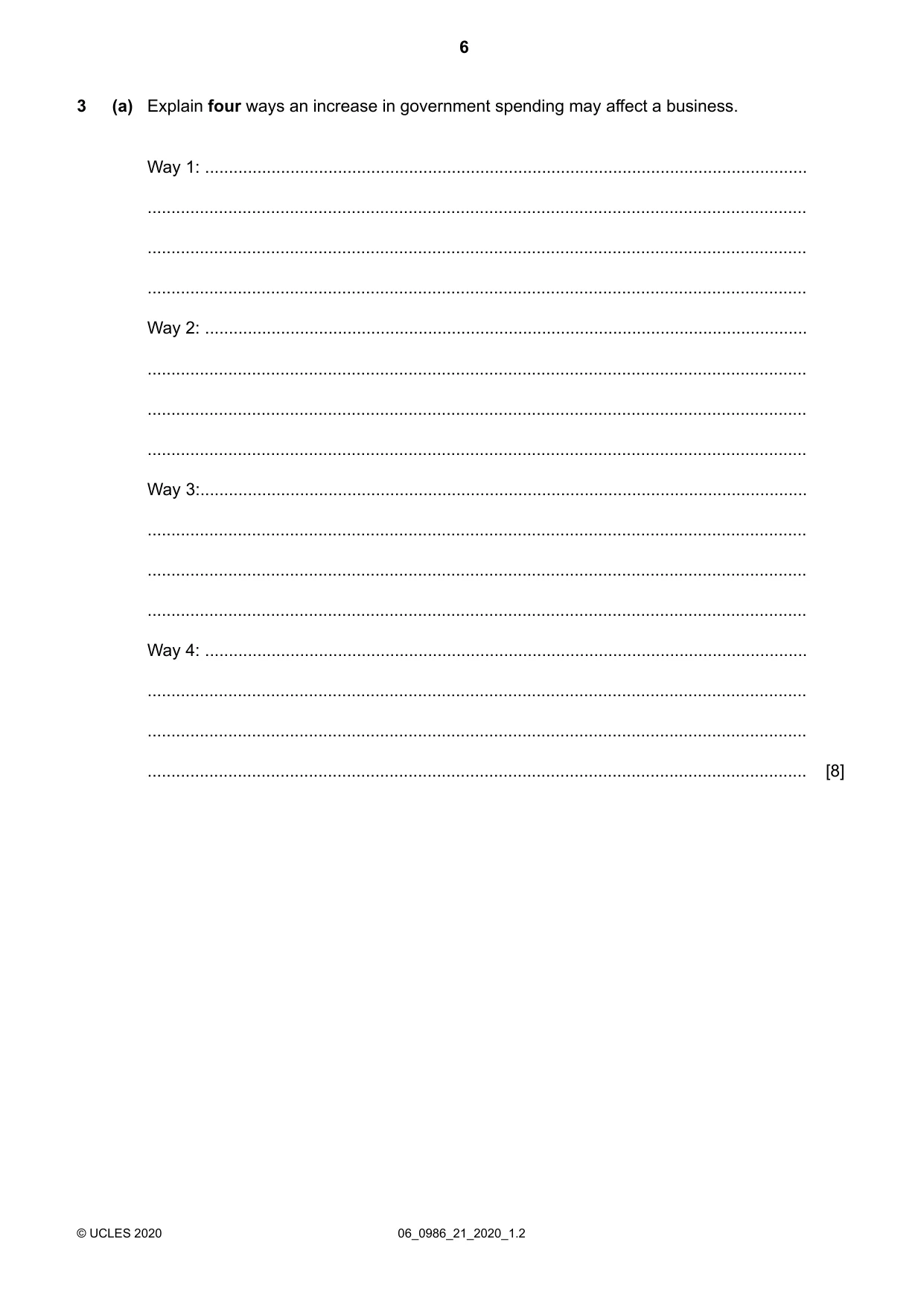 Cambridge IGCSE Business Studies (9-1) 0986 2020 May/June Paper 2 · Variant 1 question paper, page 6 of 12
