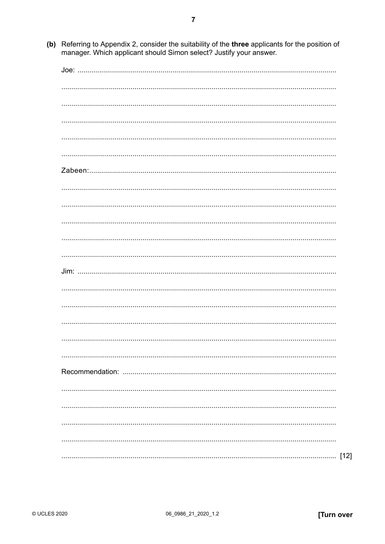 Cambridge IGCSE Business Studies (9-1) 0986 2020 May/June Paper 2 · Variant 1 question paper, page 7 of 12