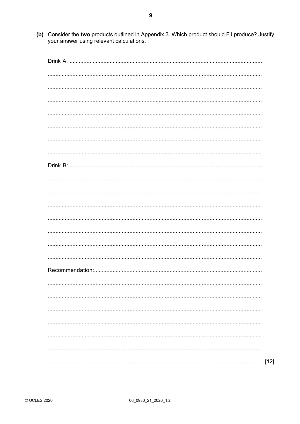 Cambridge IGCSE Business Studies (9-1) 0986 2020 May/June Paper 2 · Variant 1 question paper, page 9 of 12