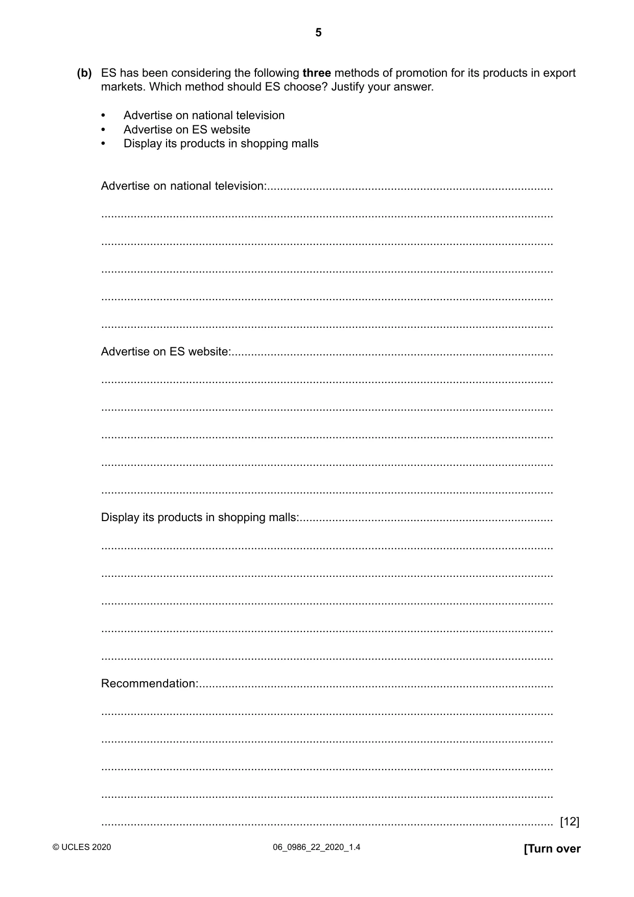 Cambridge IGCSE Business Studies (9-1) 0986 2020 May/June Paper 2 · Variant 2 question paper, page 5 of 12