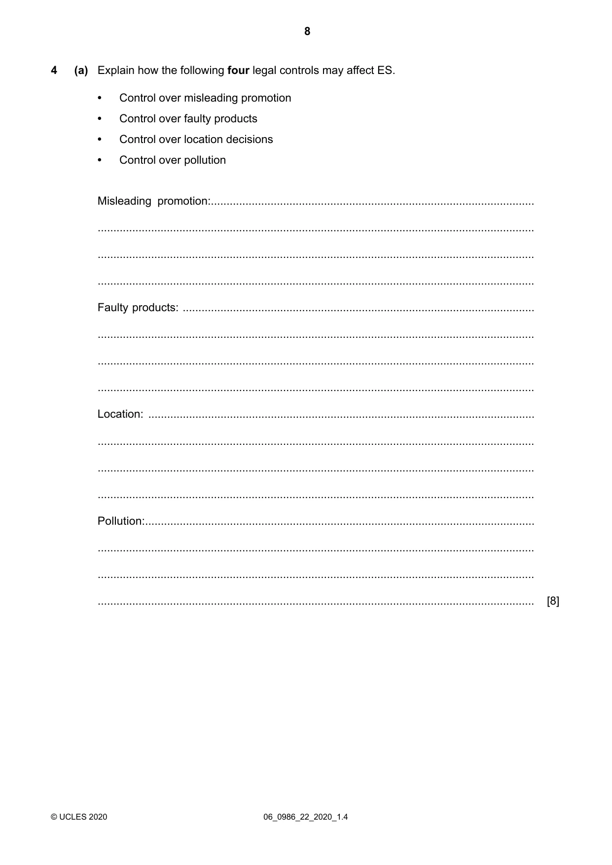 Cambridge IGCSE Business Studies (9-1) 0986 2020 May/June Paper 2 · Variant 2 question paper, page 8 of 12