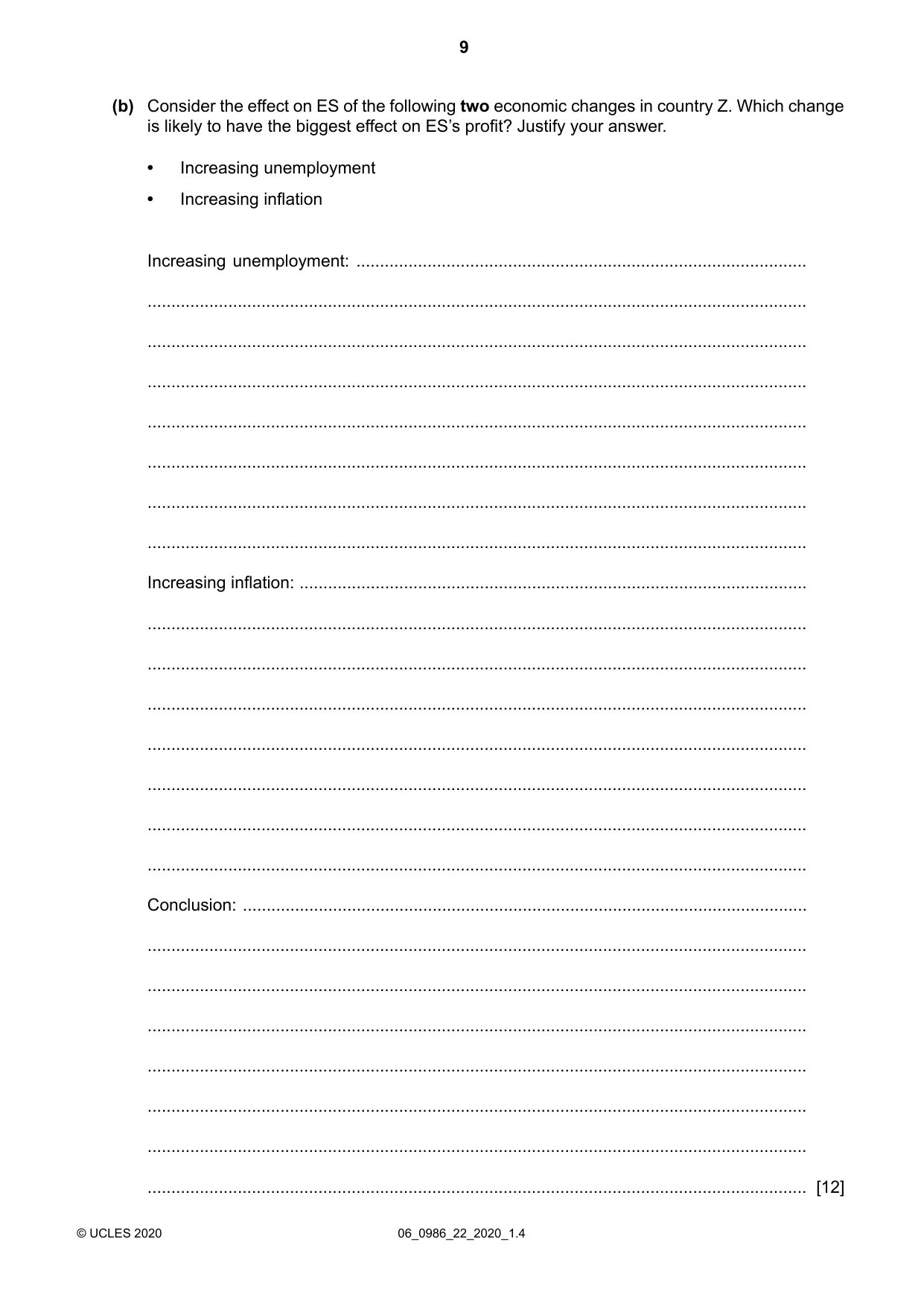 Cambridge IGCSE Business Studies (9-1) 0986 2020 May/June Paper 2 · Variant 2 question paper, page 9 of 12
