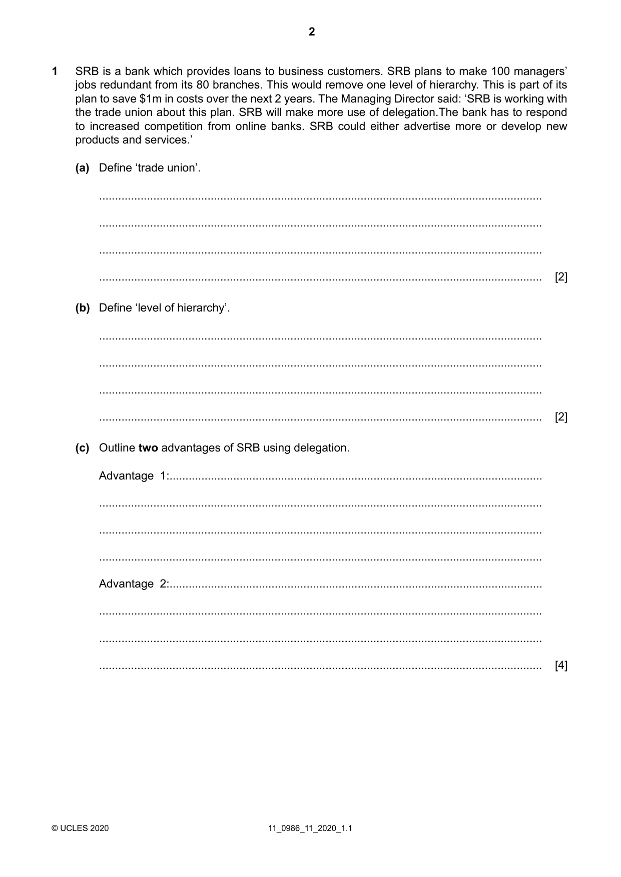 Cambridge IGCSE Business Studies (9-1) 0986 2020 Oct/Nov Paper 1 · Variant 1 question paper, page 2 of 12