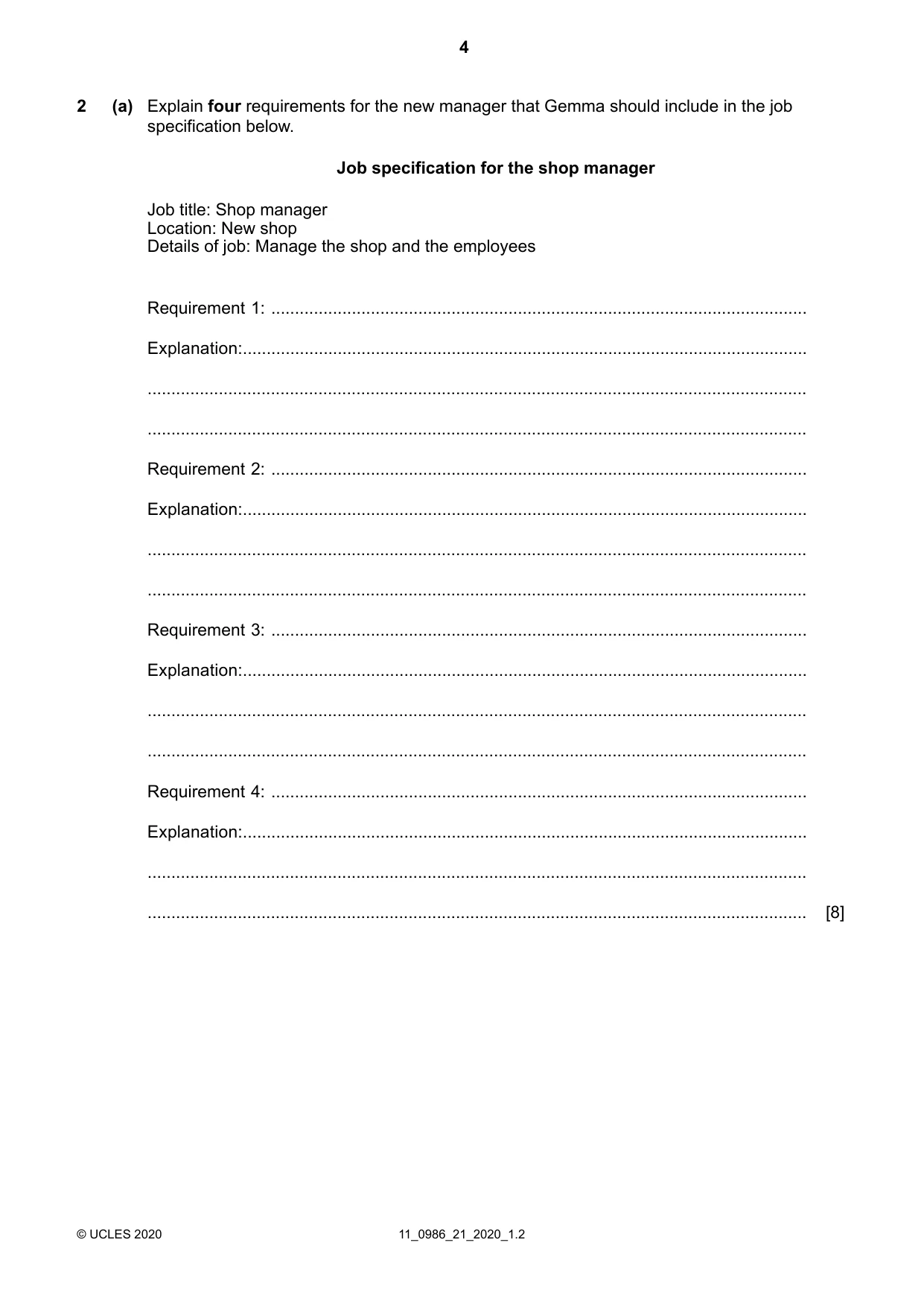 Cambridge IGCSE Business Studies (9-1) 0986 2020 Oct/Nov Paper 2 · Variant 1 question paper, page 4 of 12