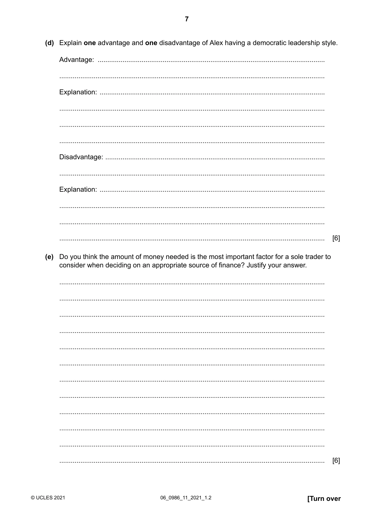 Cambridge IGCSE Business Studies (9-1) 0986 2021 May/June Paper 1 · Variant 1 question paper, page 7 of 12