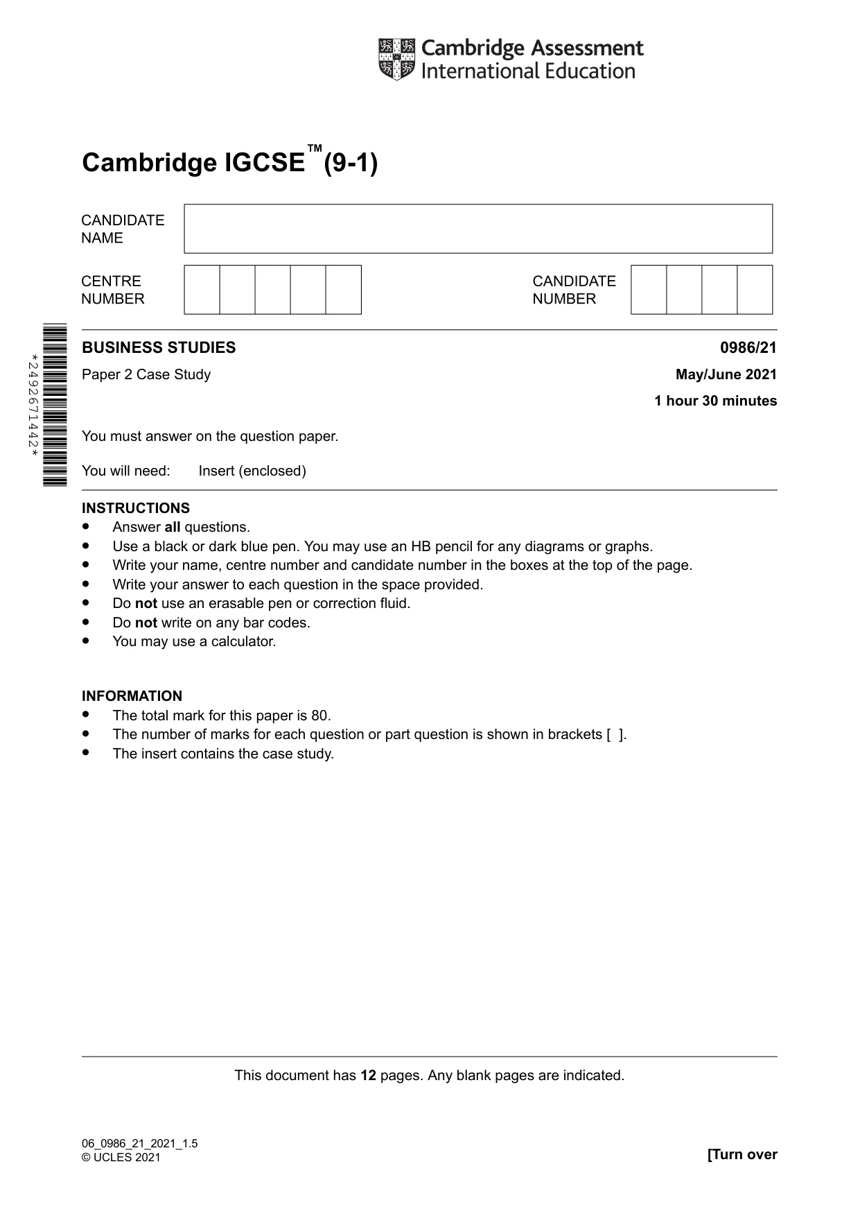 Cambridge IGCSE Business Studies (9-1) 0986 2021 May/June Paper 2 · Variant 1 question paper, page 1 of 12
