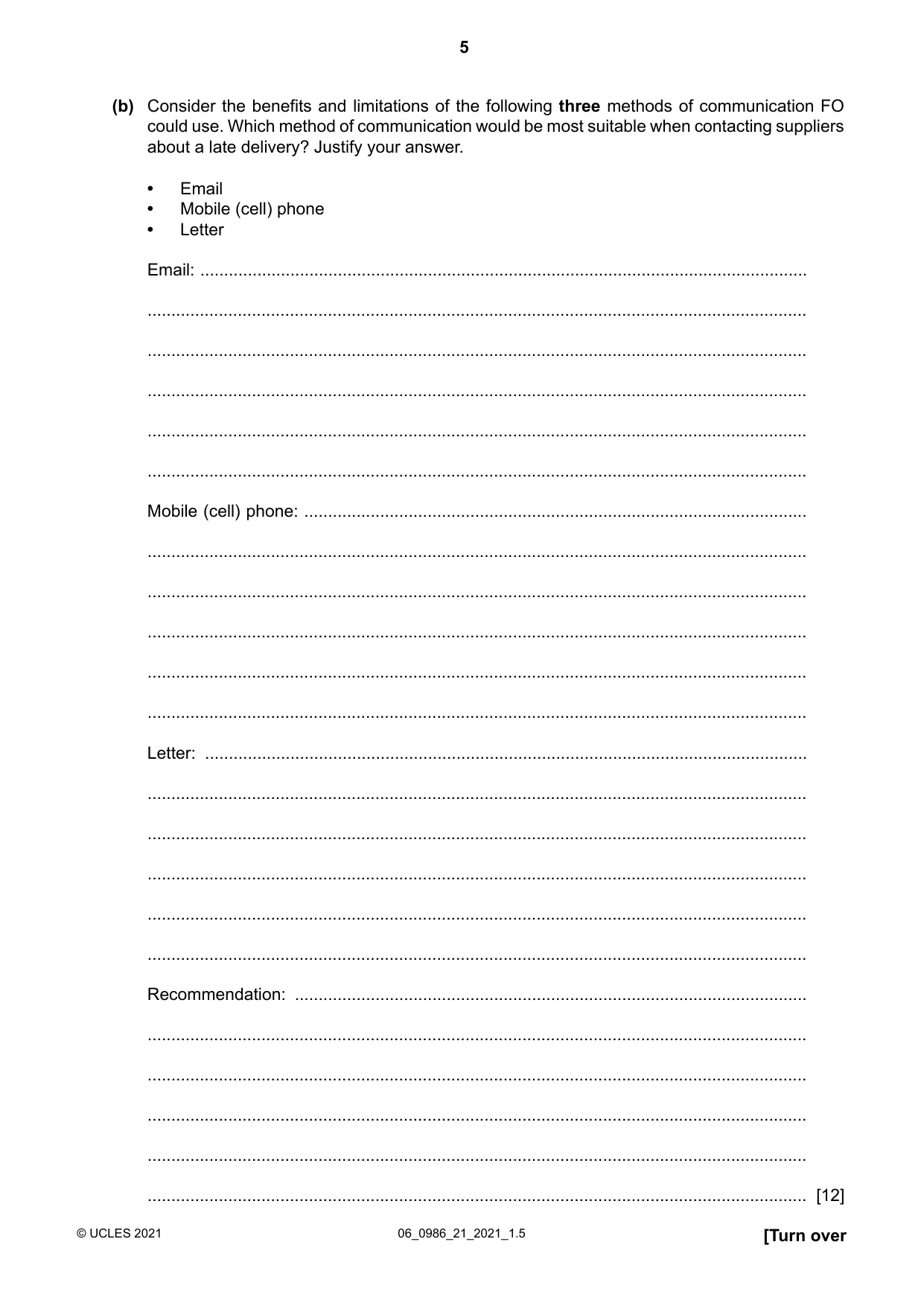 Cambridge IGCSE Business Studies (9-1) 0986 2021 May/June Paper 2 · Variant 1 question paper, page 5 of 12
