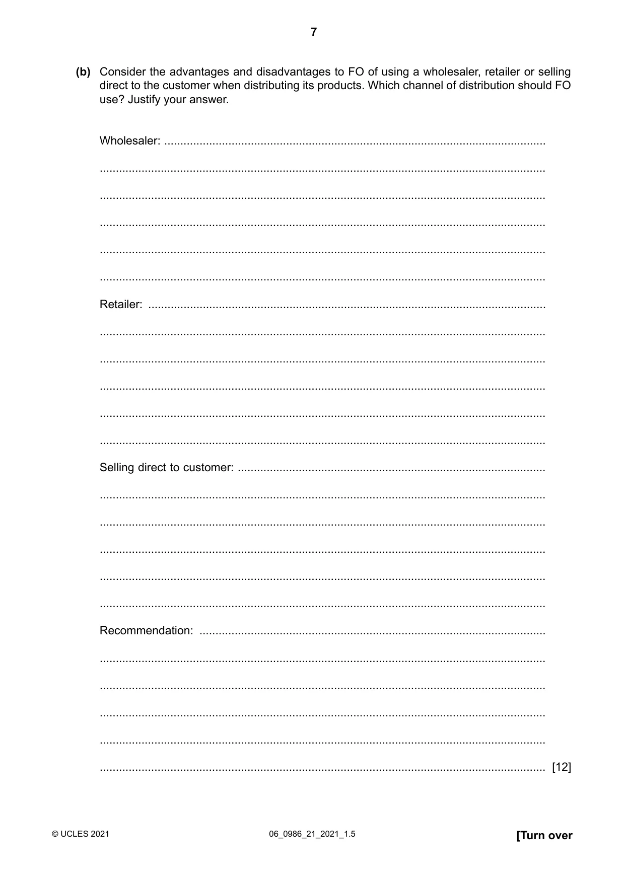 Cambridge IGCSE Business Studies (9-1) 0986 2021 May/June Paper 2 · Variant 1 question paper, page 7 of 12