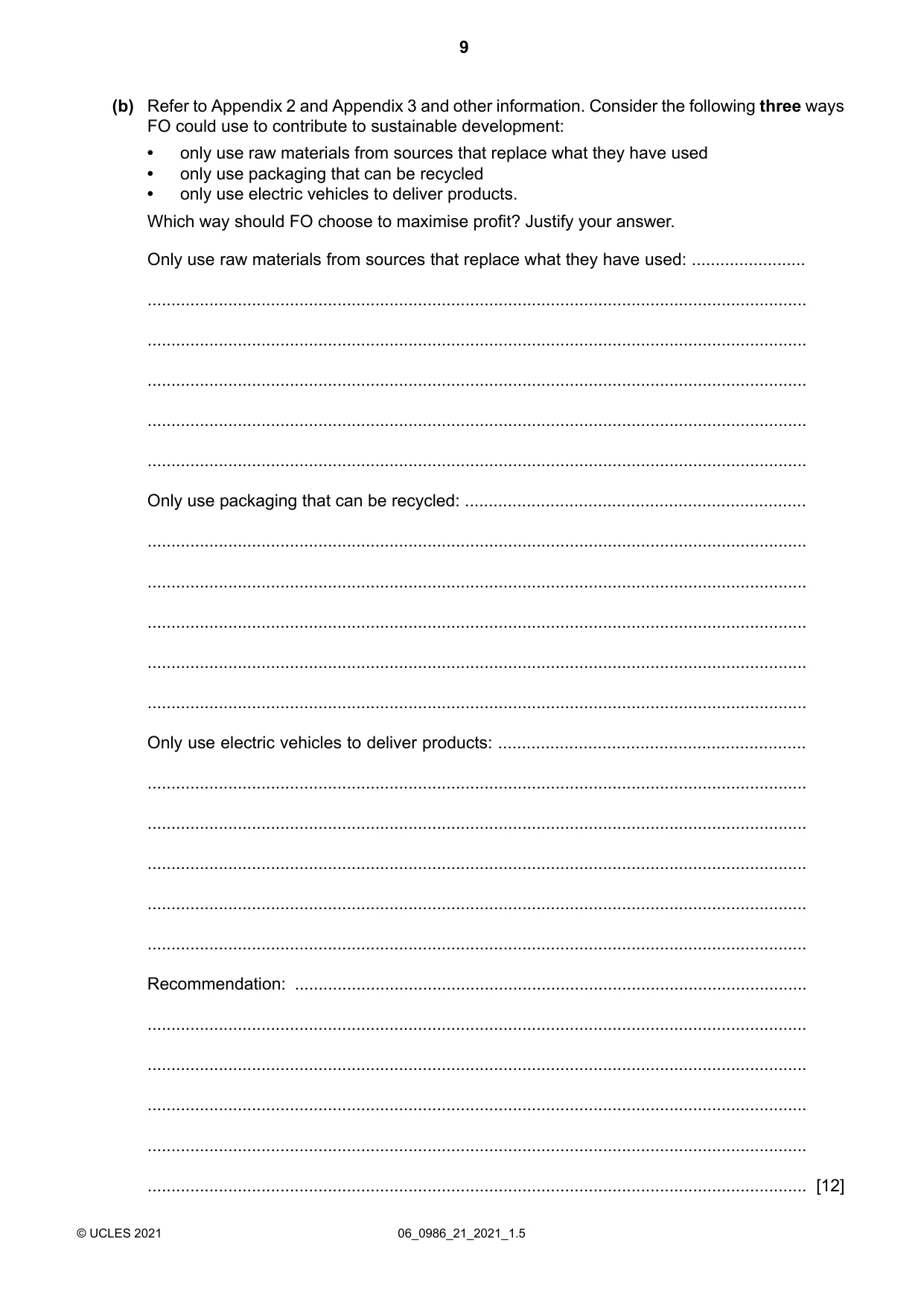 Cambridge IGCSE Business Studies (9-1) 0986 2021 May/June Paper 2 · Variant 1 question paper, page 9 of 12