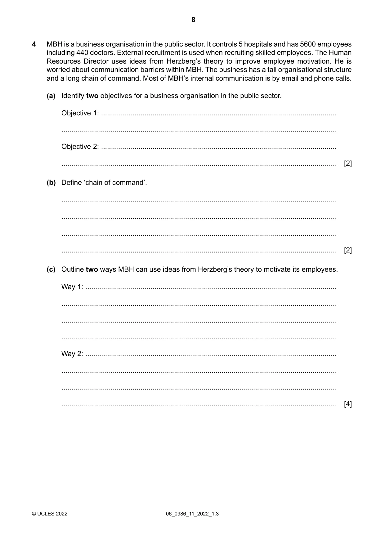 Cambridge IGCSE Business Studies (9-1) 0986 2022 May/June Paper 1 · Variant 1 question paper, page 8 of 12