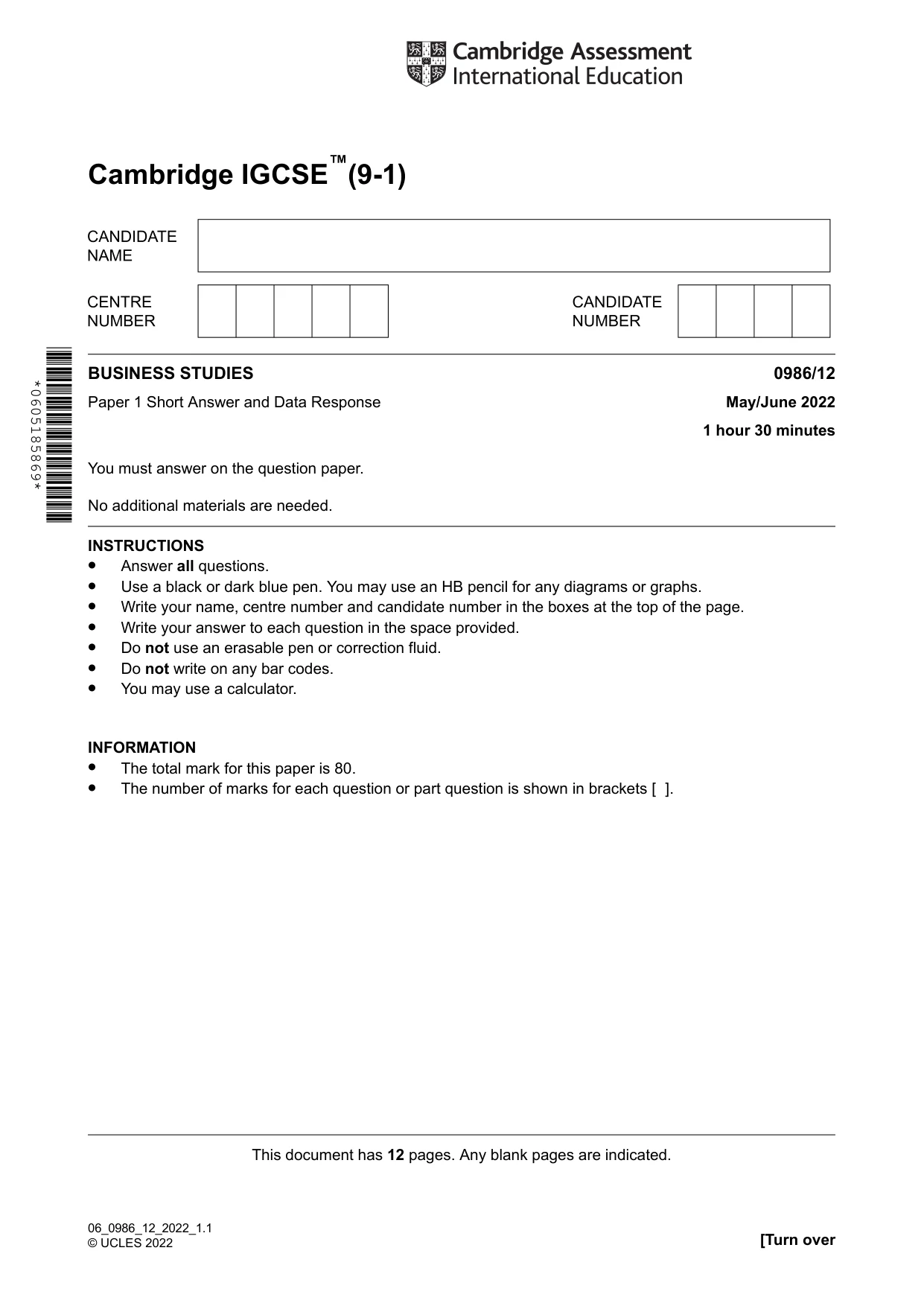 Cambridge IGCSE Business Studies (9-1) 0986 2022 May/June Paper 1 · Variant 2 question paper, page 1 of 12
