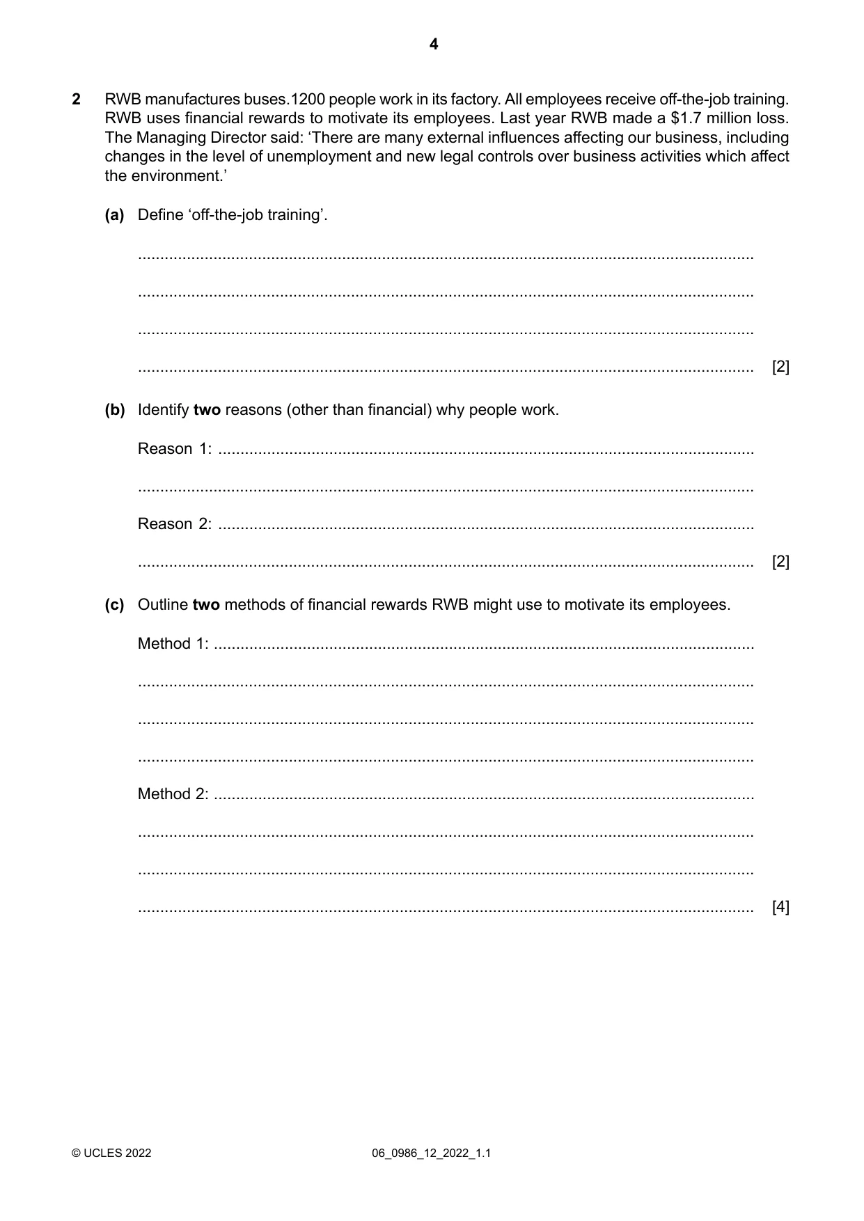 Cambridge IGCSE Business Studies (9-1) 0986 2022 May/June Paper 1 · Variant 2 question paper, page 4 of 12