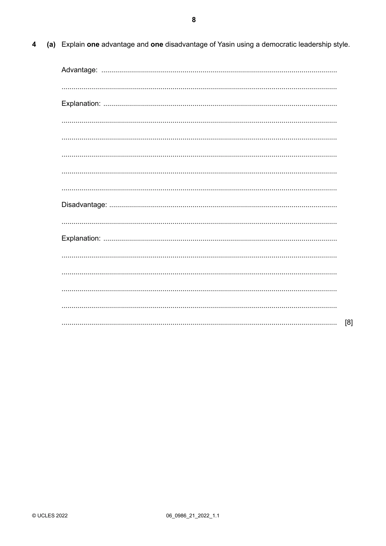 Cambridge IGCSE Business Studies (9-1) 0986 2022 May/June Paper 2 · Variant 1 question paper, page 8 of 12