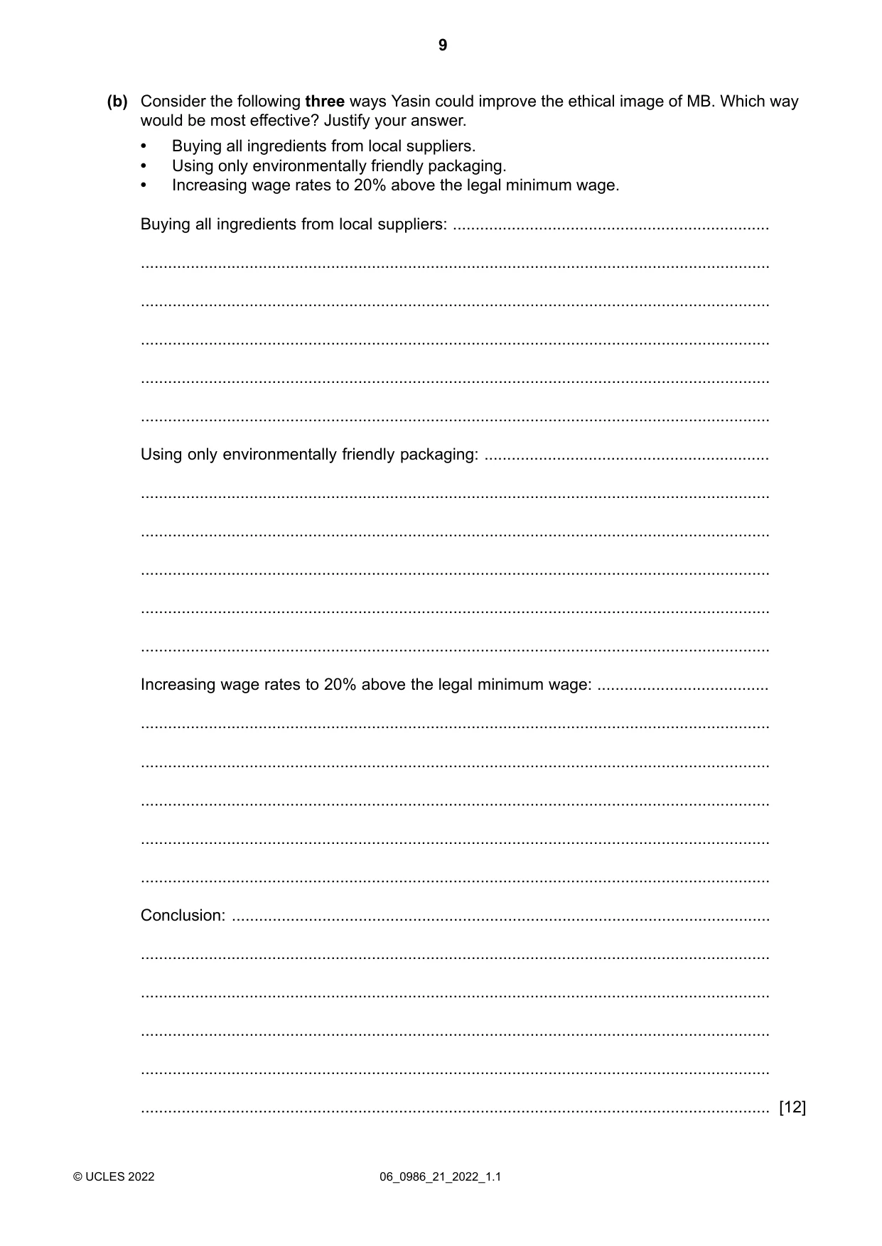 Cambridge IGCSE Business Studies (9-1) 0986 2022 May/June Paper 2 · Variant 1 question paper, page 9 of 12