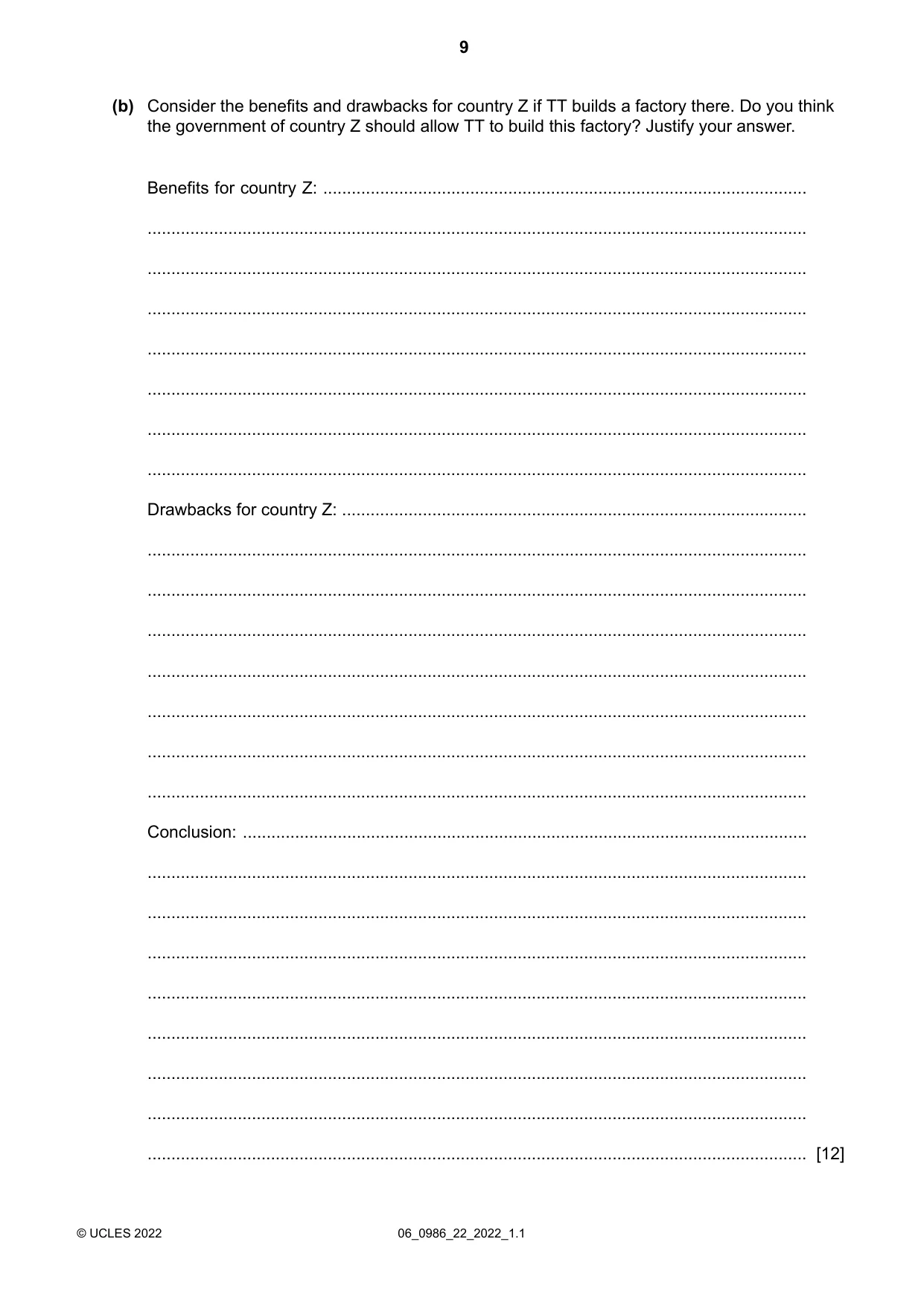 Cambridge IGCSE Business Studies (9-1) 0986 2022 May/June Paper 2 · Variant 2 question paper, page 9 of 12