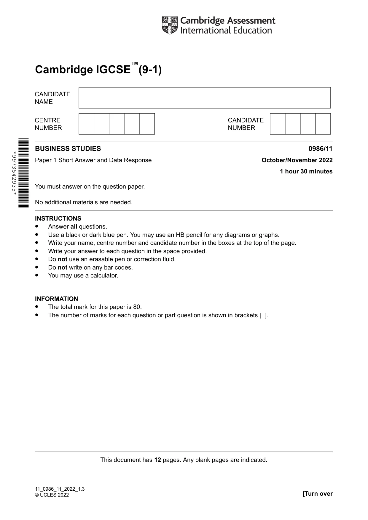 Cambridge IGCSE Business Studies (9-1) 0986 2022 Oct/Nov Paper 1 · Variant 1 question paper, page 1 of 12