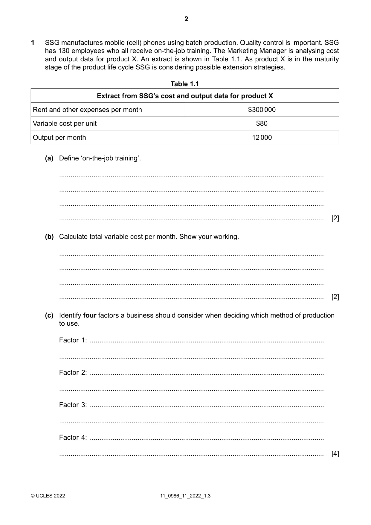 Cambridge IGCSE Business Studies (9-1) 0986 2022 Oct/Nov Paper 1 · Variant 1 question paper, page 2 of 12