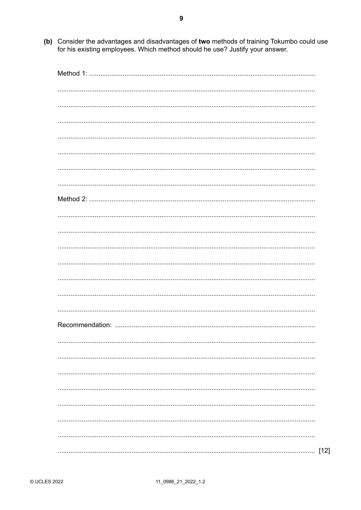 Cambridge IGCSE Business Studies (9-1) 0986 2022 Oct/Nov Paper 2 · Variant 1 question paper, page 9 of 12