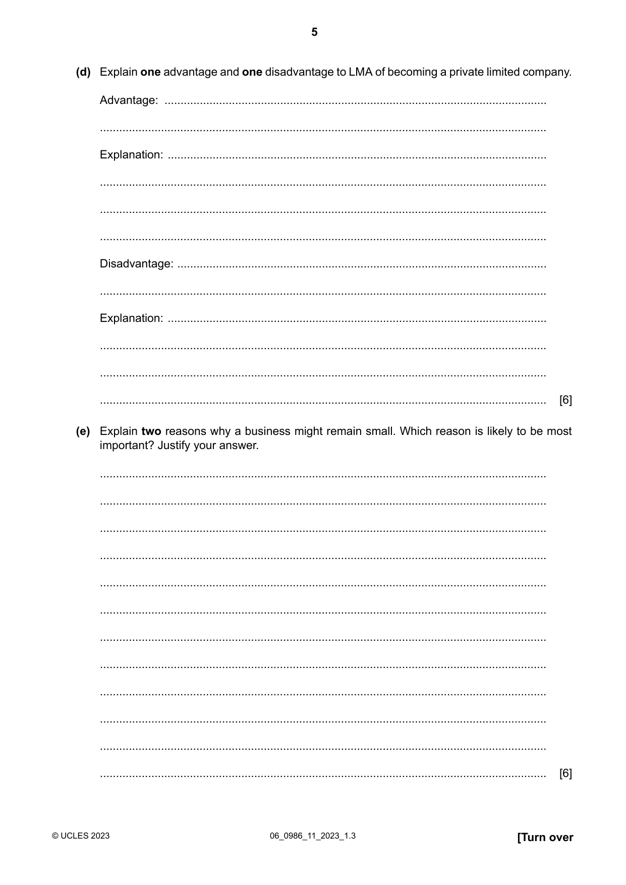 Cambridge IGCSE Business Studies (9-1) 0986 2023 May/June Paper 1 · Variant 1 question paper, page 5 of 12
