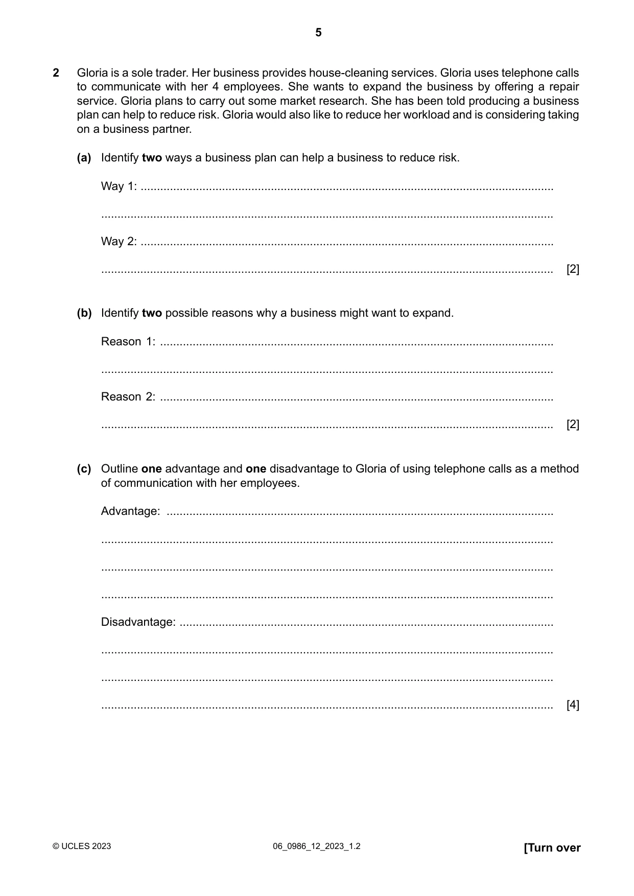 Cambridge IGCSE Business Studies (9-1) 0986 2023 May/June Paper 1 · Variant 2 question paper, page 5 of 12