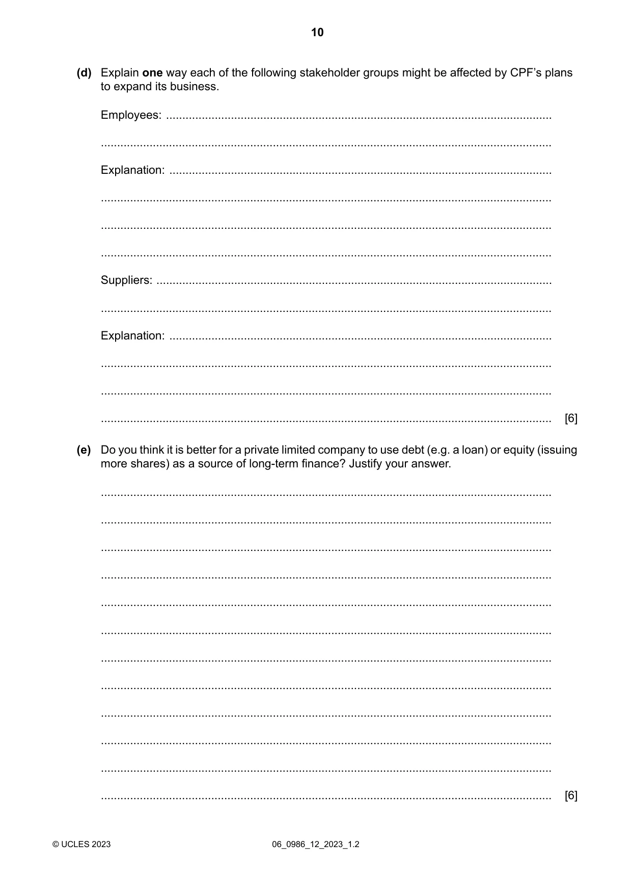 Cambridge IGCSE Business Studies (9-1) 0986 2023 May/June Paper 1 · Variant 2 question paper, page 10 of 12