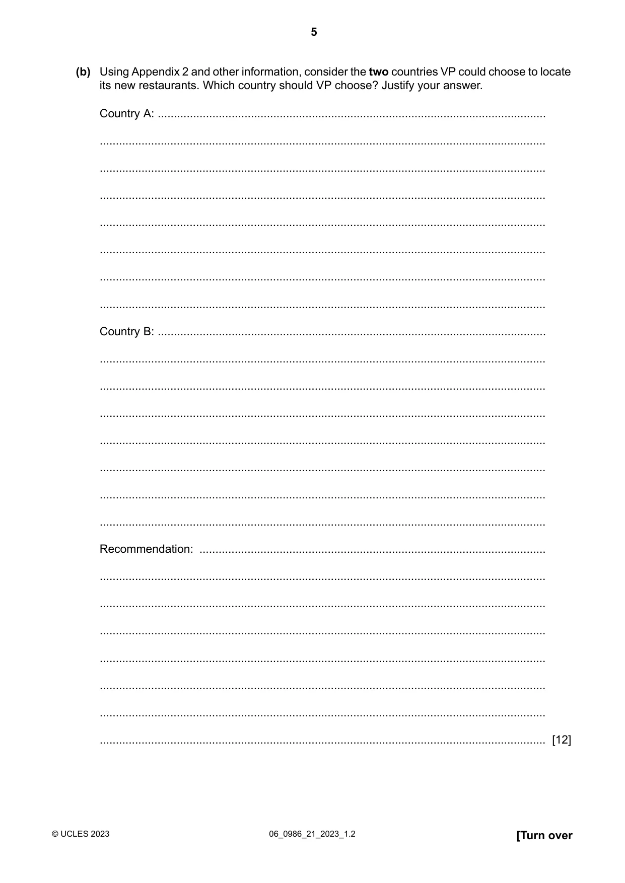Cambridge IGCSE Business Studies (9-1) 0986 2023 May/June Paper 2 · Variant 1 question paper, page 5 of 12