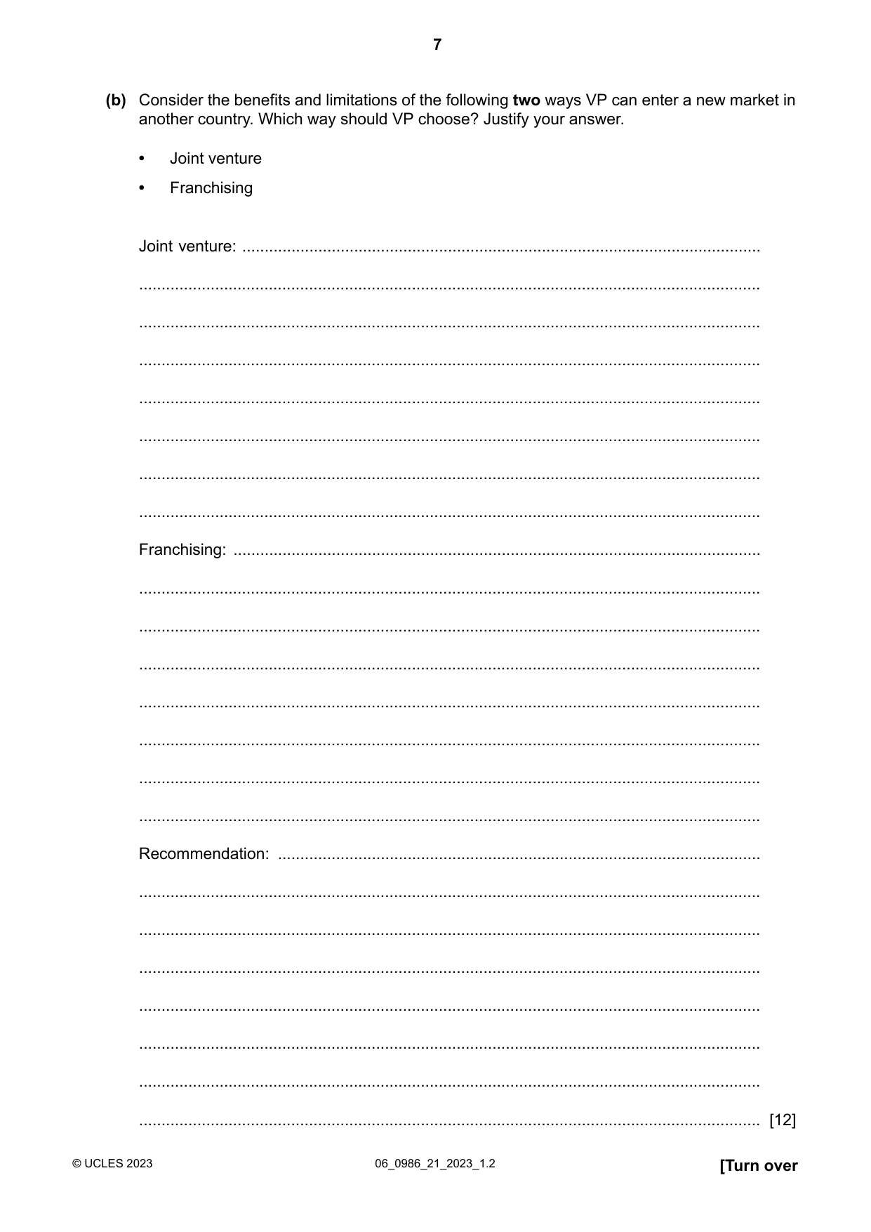 Cambridge IGCSE Business Studies (9-1) 0986 2023 May/June Paper 2 · Variant 1 question paper, page 7 of 12