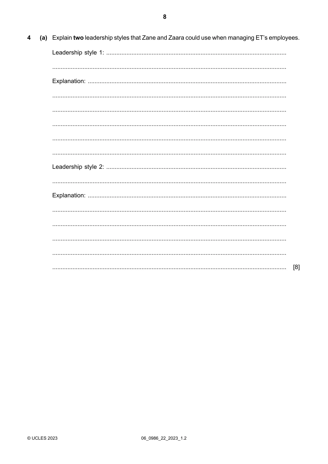 Cambridge IGCSE Business Studies (9-1) 0986 2023 May/June Paper 2 · Variant 2 question paper, page 8 of 12