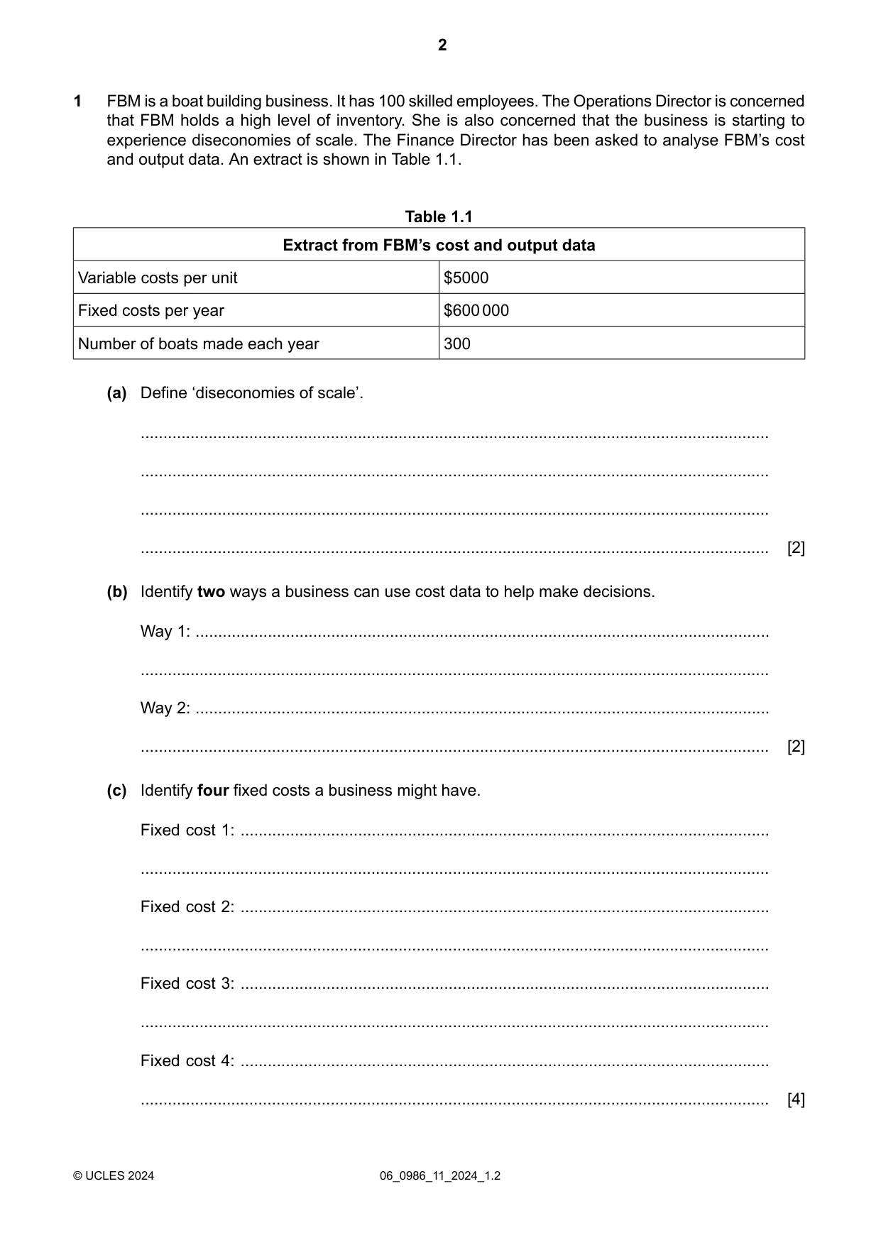 Cambridge IGCSE Business Studies (9-1) 0986 2024 May/June Paper 1 · Variant 1 question paper, page 2 of 12