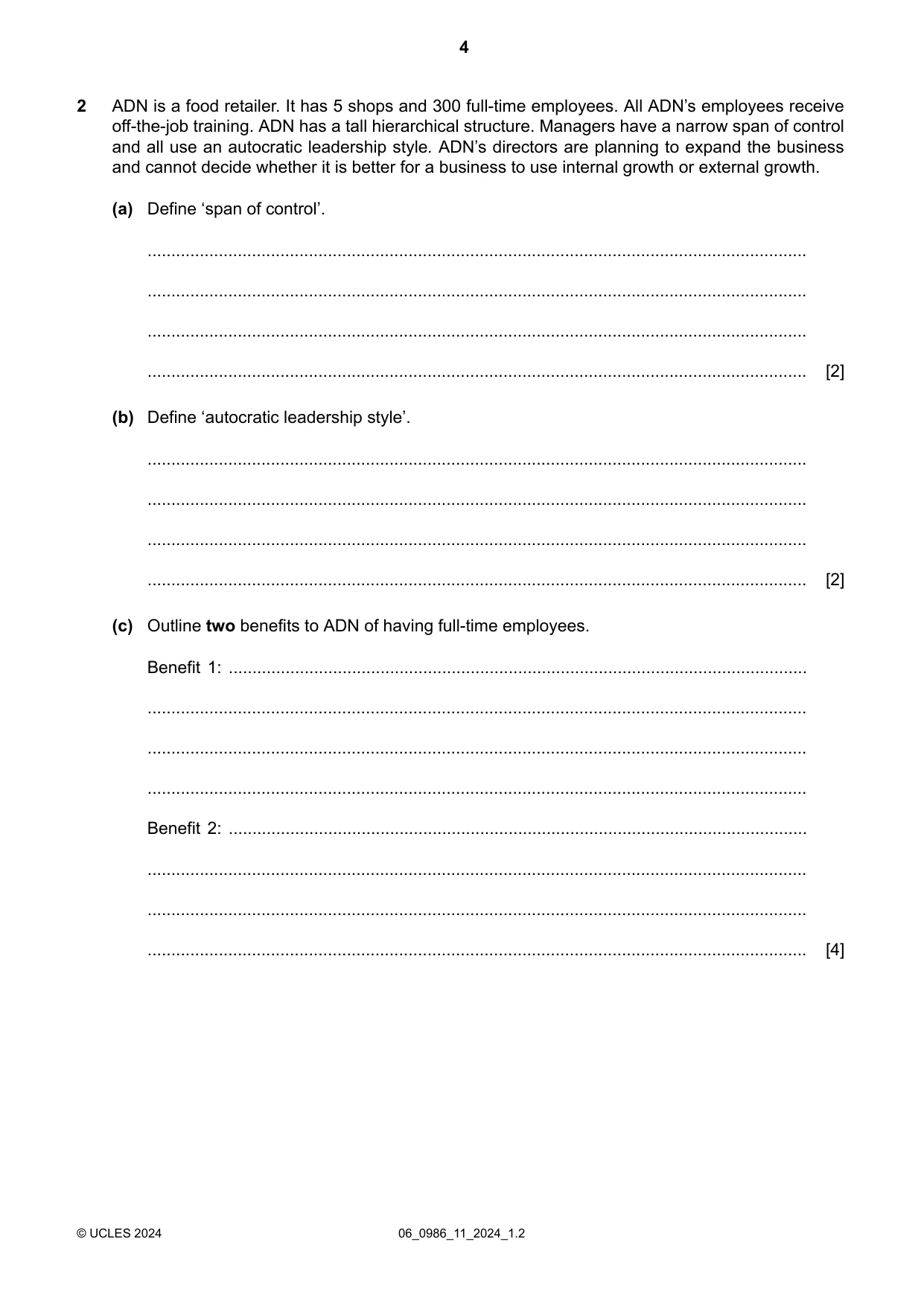 Cambridge IGCSE Business Studies (9-1) 0986 2024 May/June Paper 1 · Variant 1 question paper, page 4 of 12