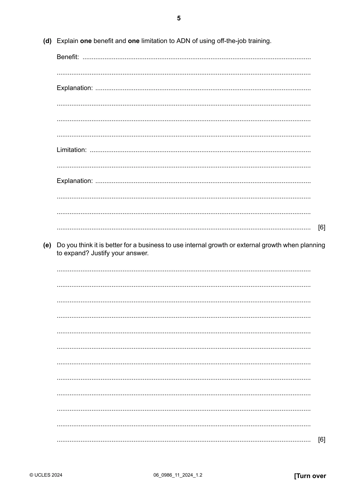 Cambridge IGCSE Business Studies (9-1) 0986 2024 May/June Paper 1 · Variant 1 question paper, page 5 of 12