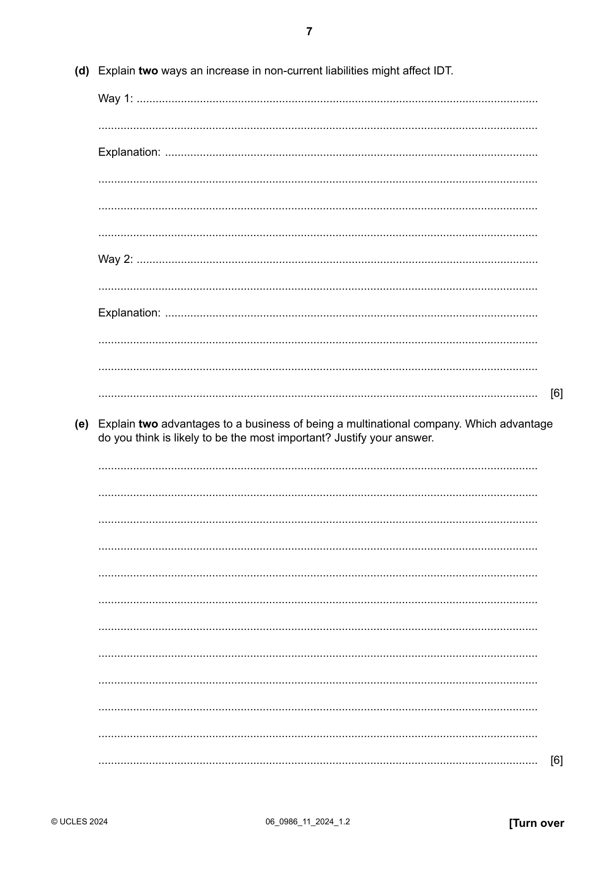 Cambridge IGCSE Business Studies (9-1) 0986 2024 May/June Paper 1 · Variant 1 question paper, page 7 of 12