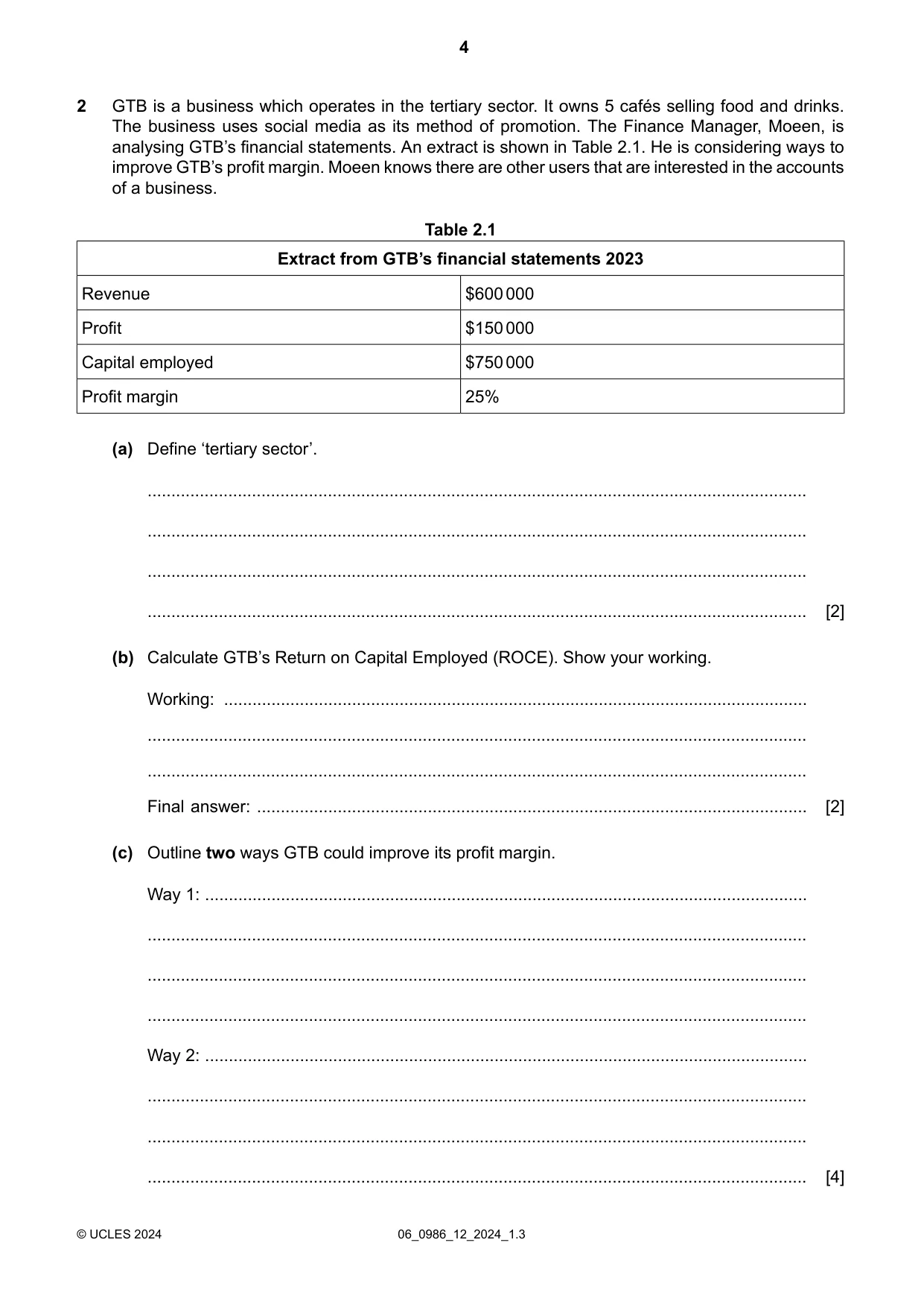 Cambridge IGCSE Business Studies (9-1) 0986 2024 May/June Paper 1 · Variant 2 question paper, page 4 of 12