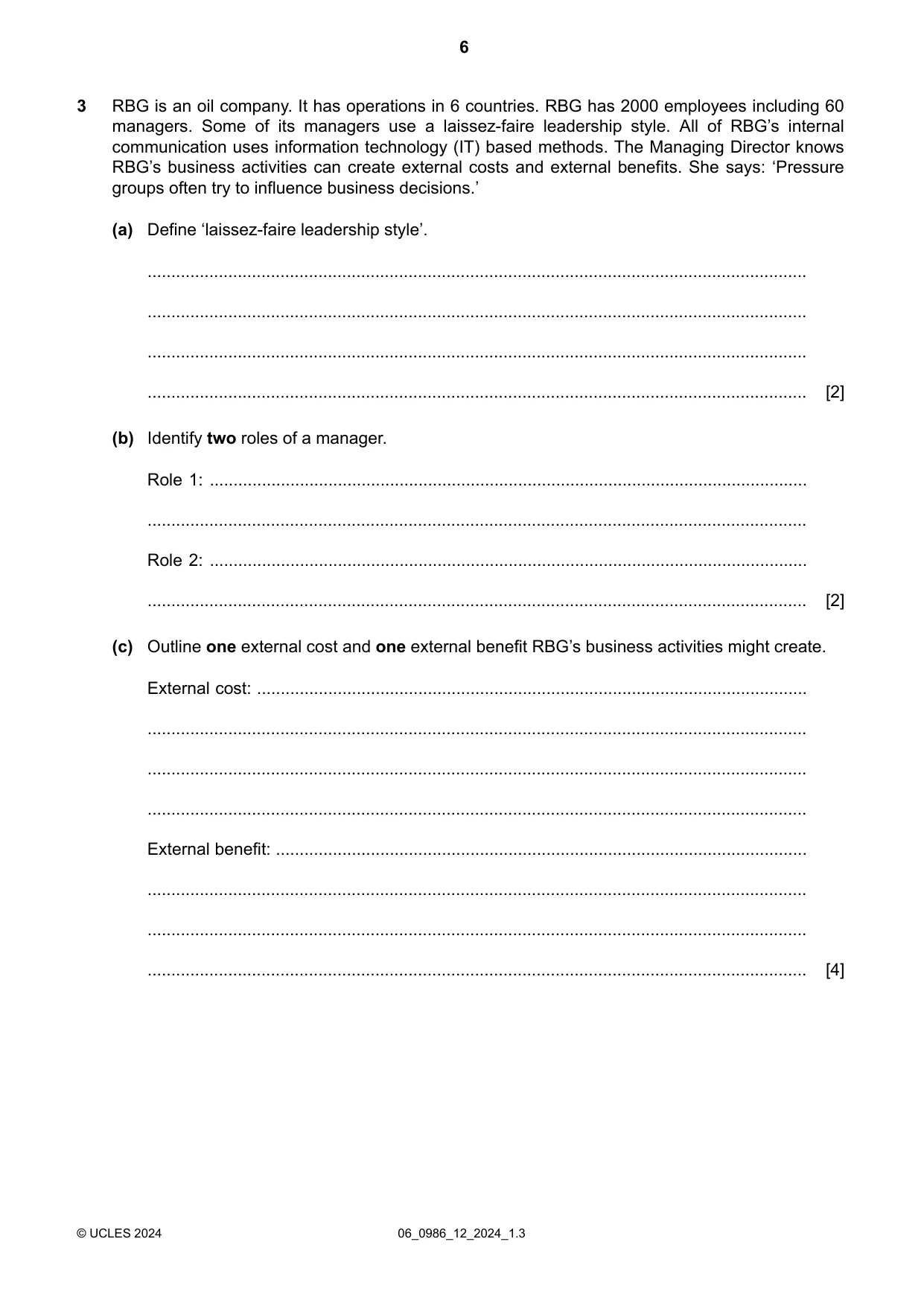 Cambridge IGCSE Business Studies (9-1) 0986 2024 May/June Paper 1 · Variant 2 question paper, page 6 of 12