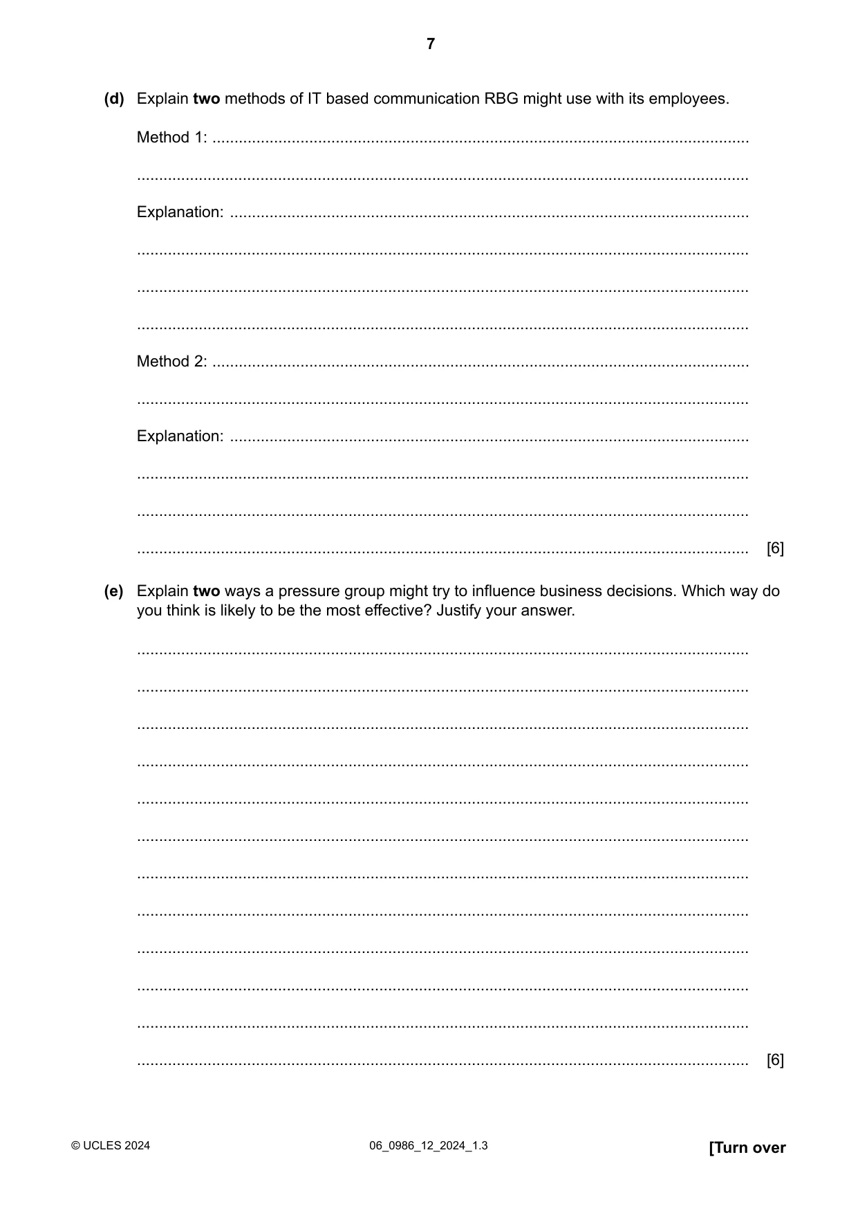 Cambridge IGCSE Business Studies (9-1) 0986 2024 May/June Paper 1 · Variant 2 question paper, page 7 of 12
