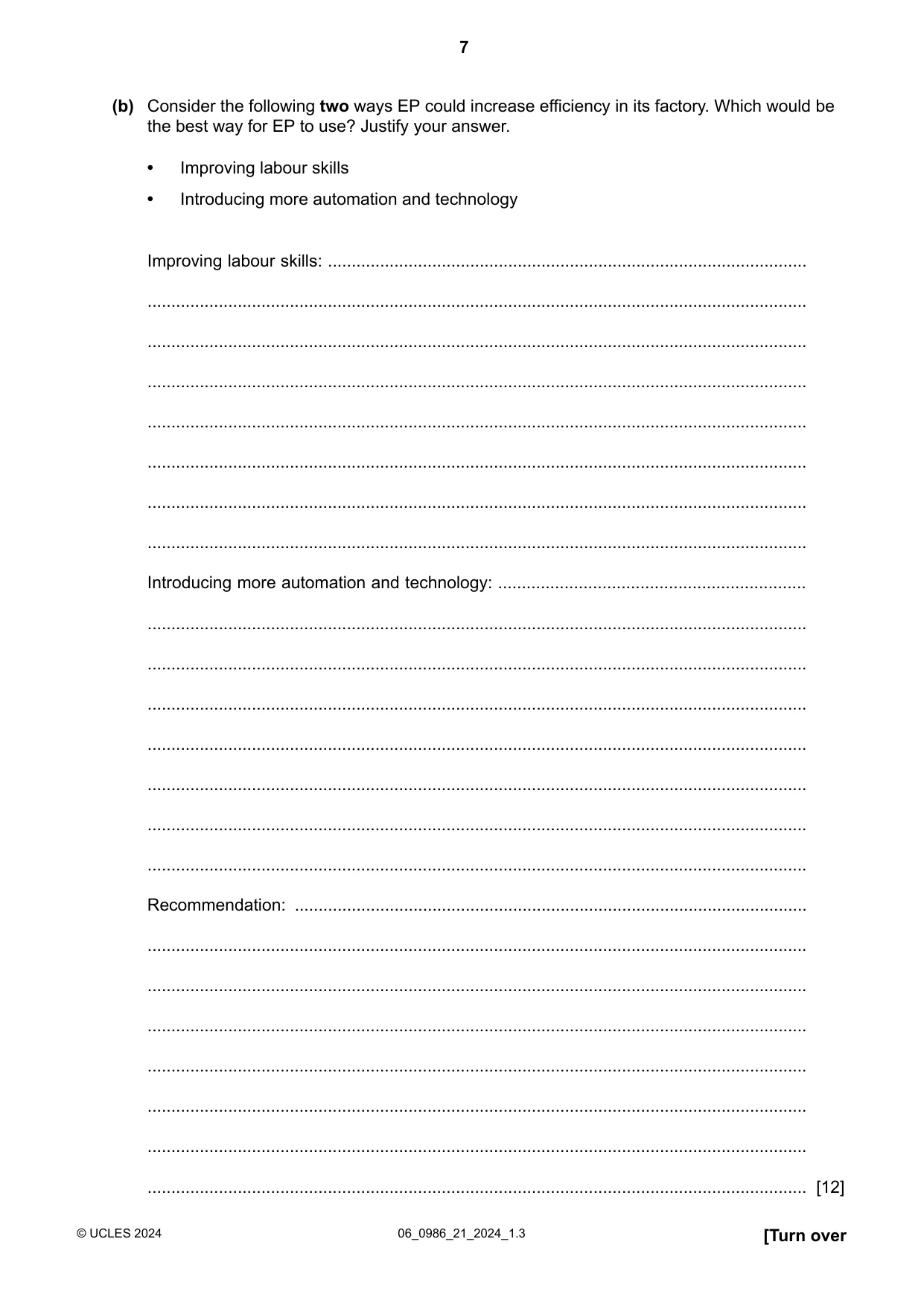 Cambridge IGCSE Business Studies (9-1) 0986 2024 May/June Paper 2 · Variant 1 question paper, page 7 of 12