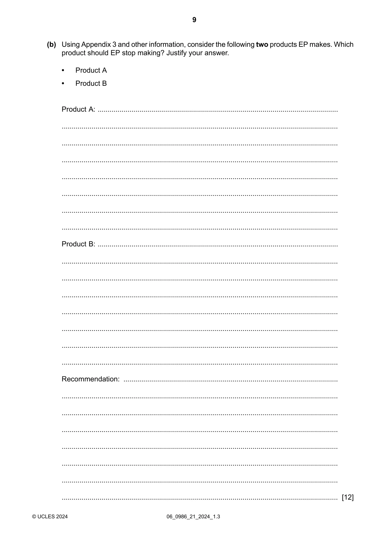 Cambridge IGCSE Business Studies (9-1) 0986 2024 May/June Paper 2 · Variant 1 question paper, page 9 of 12