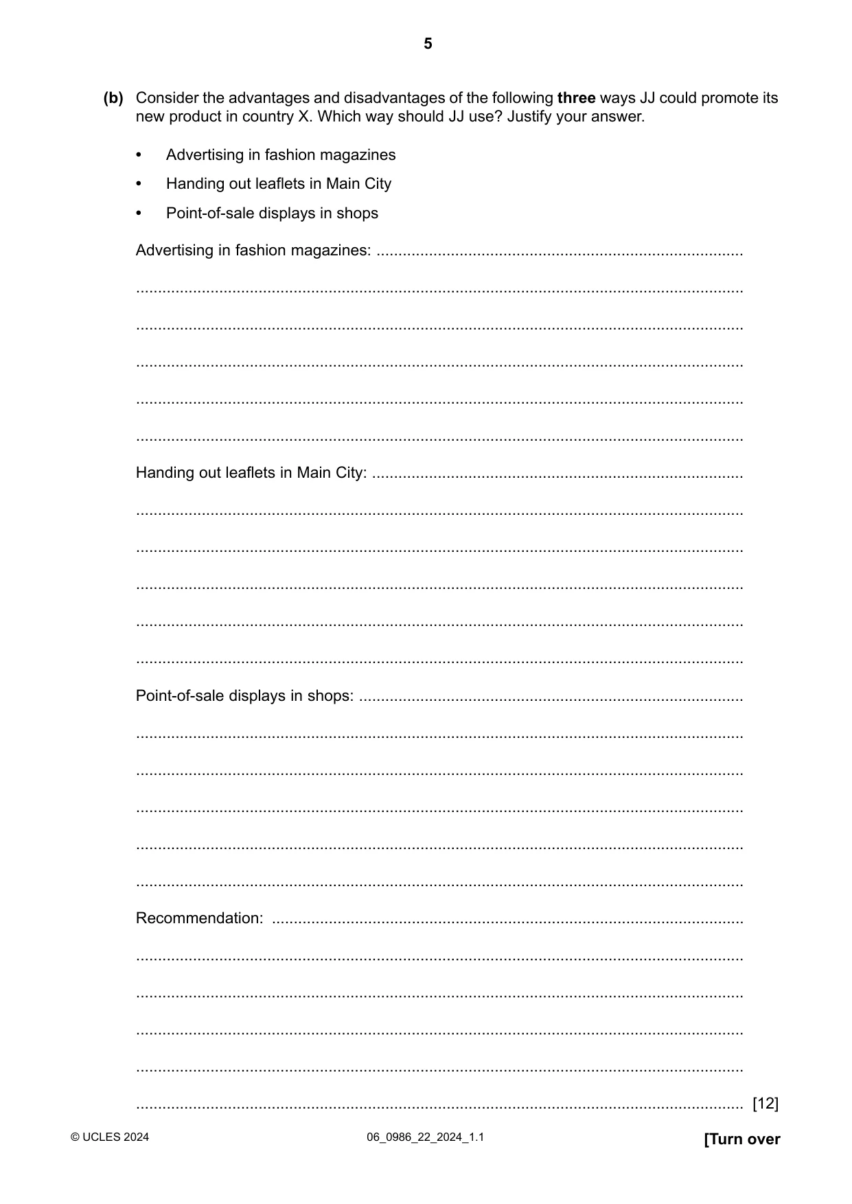 Cambridge IGCSE Business Studies (9-1) 0986 2024 May/June Paper 2 · Variant 2 question paper, page 5 of 12