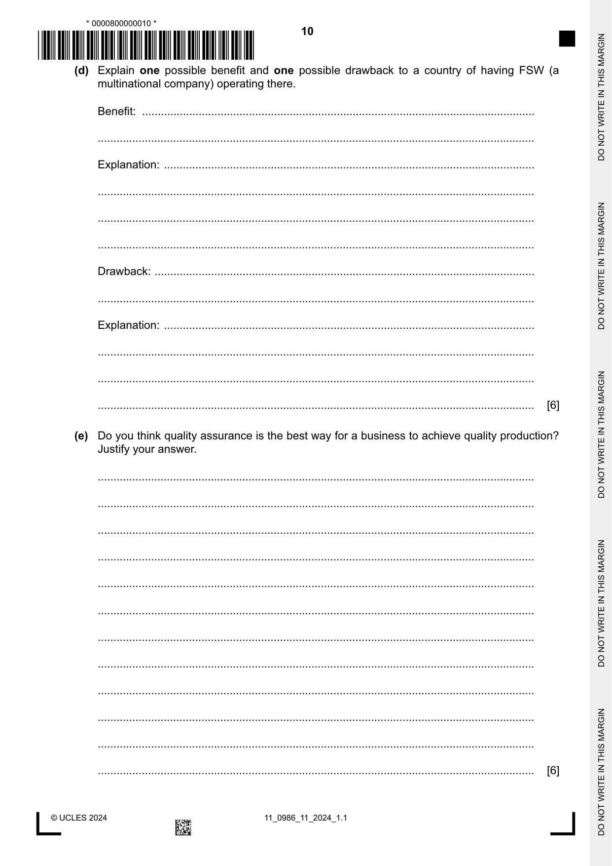 Cambridge IGCSE Business Studies (9-1) 0986 2024 Oct/Nov Paper 1 · Variant 1 question paper, page 10 of 12