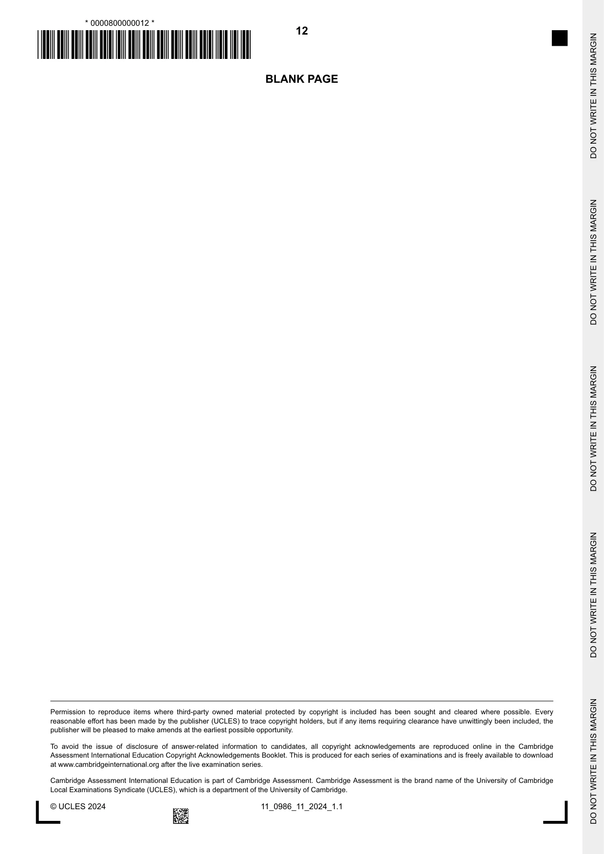 Cambridge IGCSE Business Studies (9-1) 0986 2024 Oct/Nov Paper 1 · Variant 1 question paper, page 12 of 12