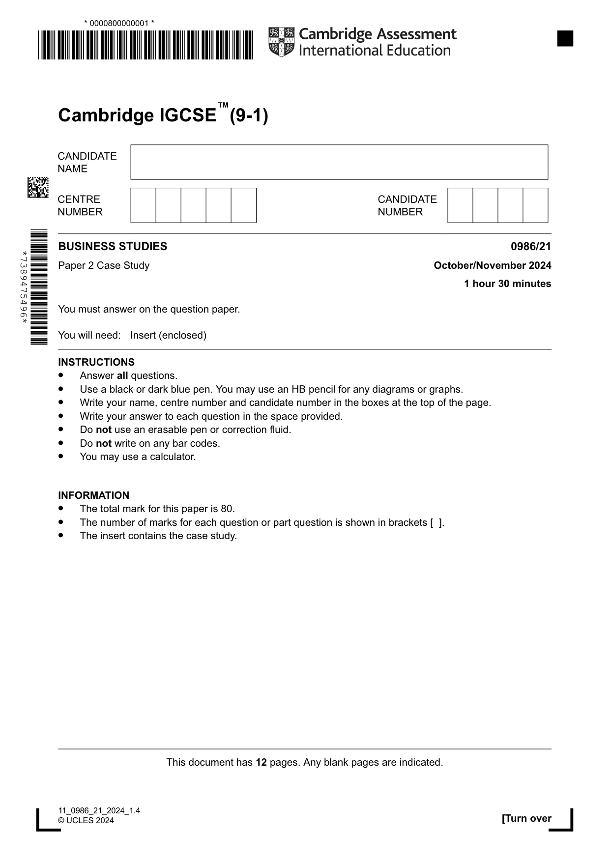 Cambridge IGCSE Business Studies (9-1) 0986 2024 Oct/Nov Paper 2 · Variant 1 question paper, page 1 of 12